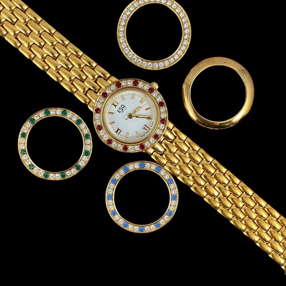 SOLD. Vintage Exquisite Movado EAQ Swiss Watch with 5 Removable Crystal Bezels - Picture 12 of 16